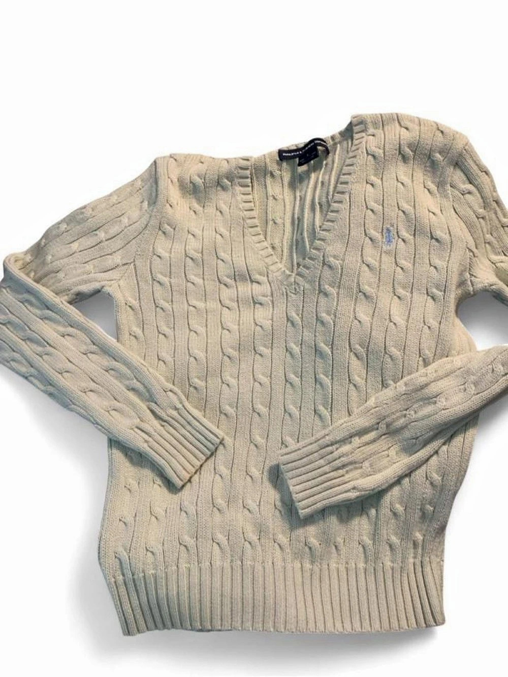 Women's Ralph Lauren Cable Knit V-Neck Sweater Sage Green Cotton Size Large Flaw